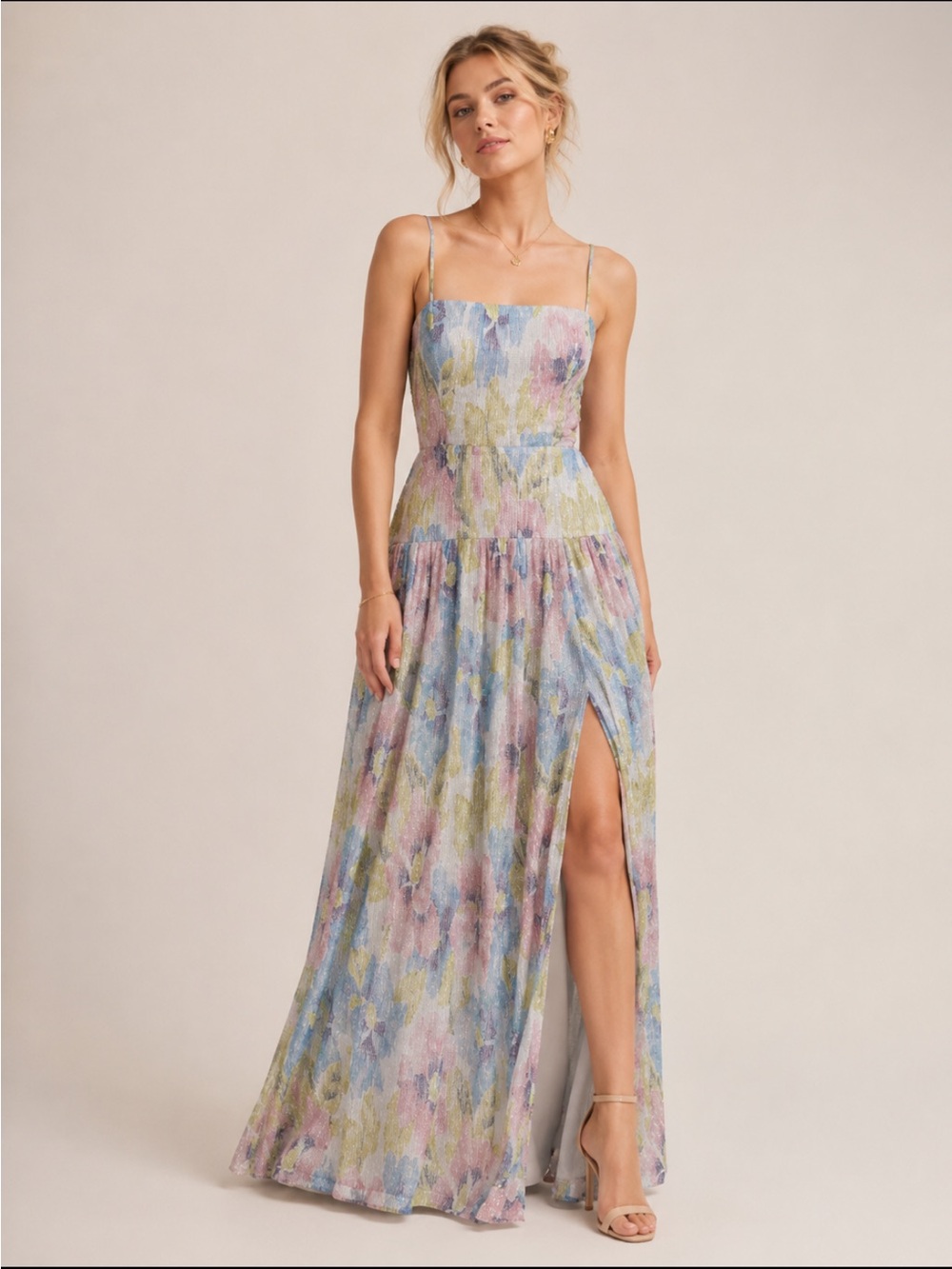 New! Liv Foster Pastel Floral Cutout Maxi Gown High Slit Dress 6 36899